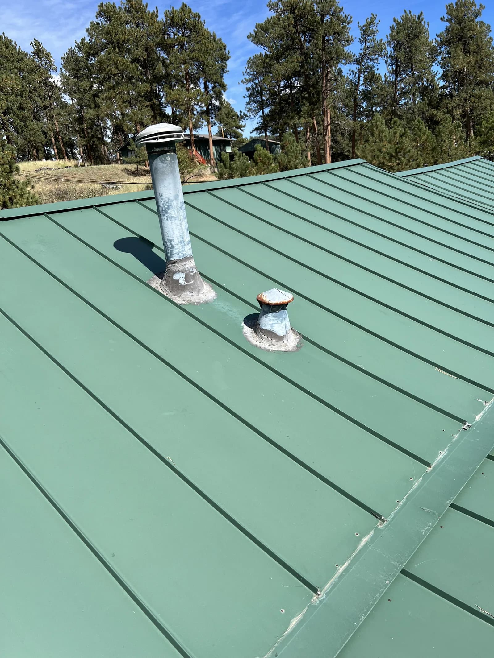 Green standing-seam roof panels with two flashed penetrations and trees beyond