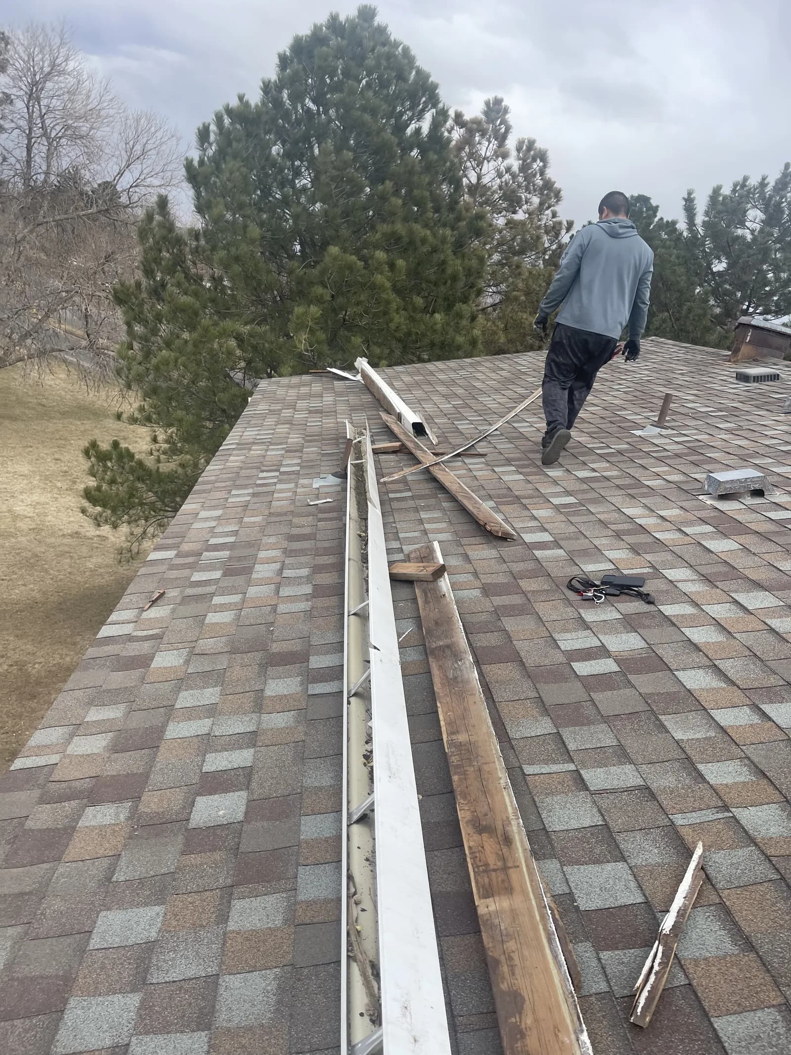 Shingle roof beside a white gutter with removed trim boards and a person farther along the roof