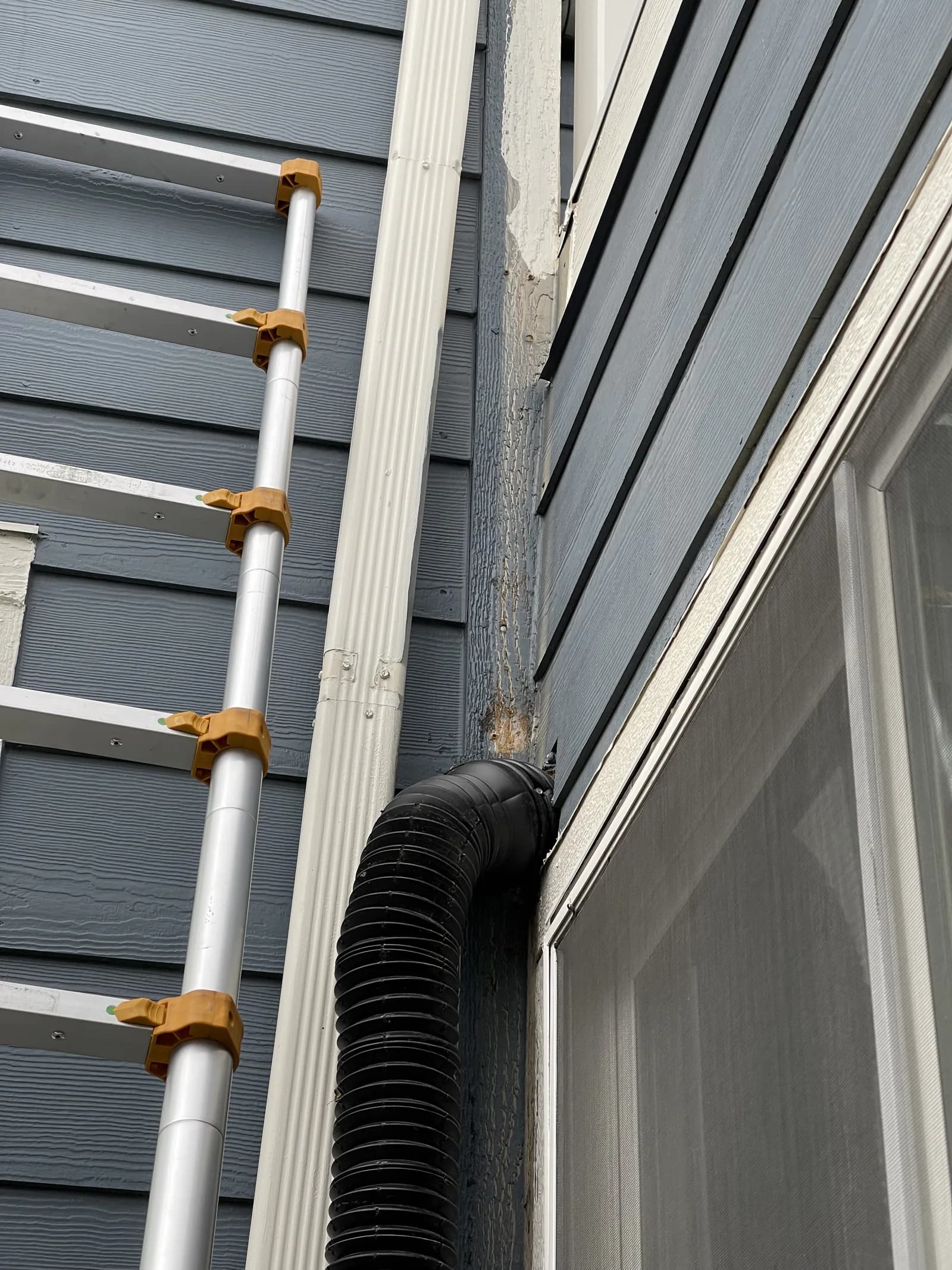 Downspout, adjoining exterior trim and a ladder at a building corner