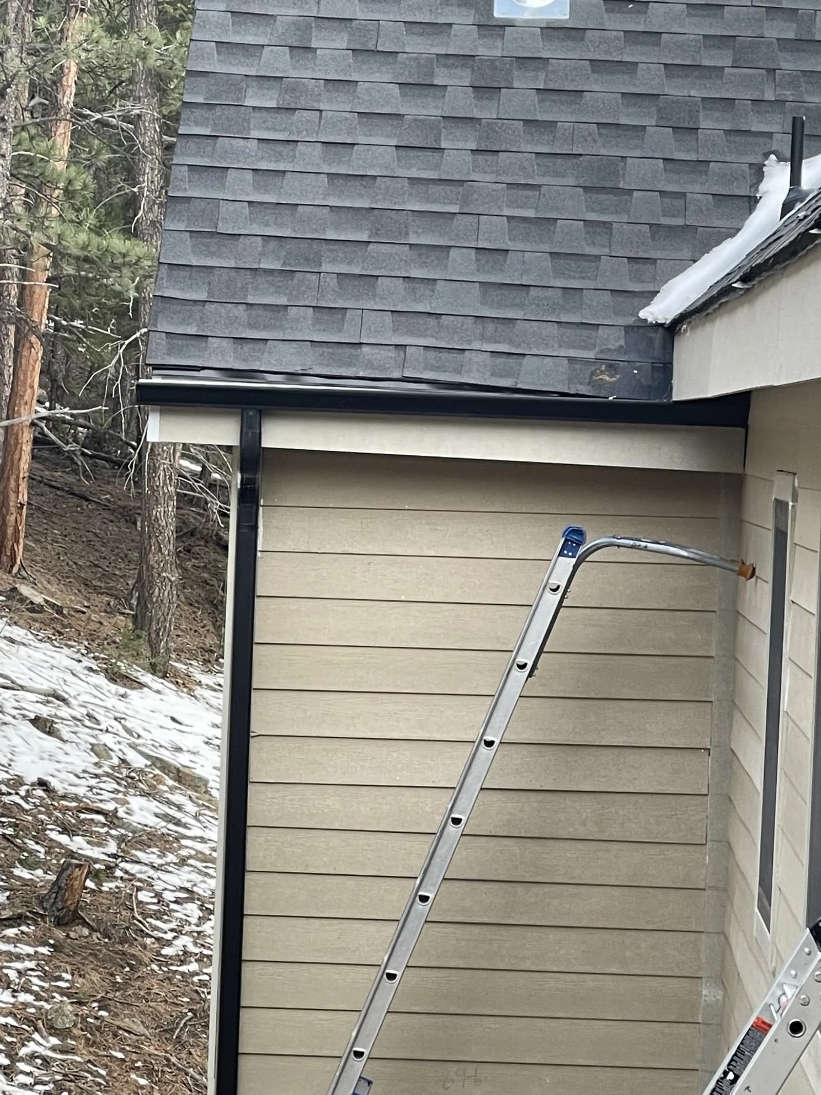 Ladders beside a shingle roof edge, gutter and exterior wall with snow nearby