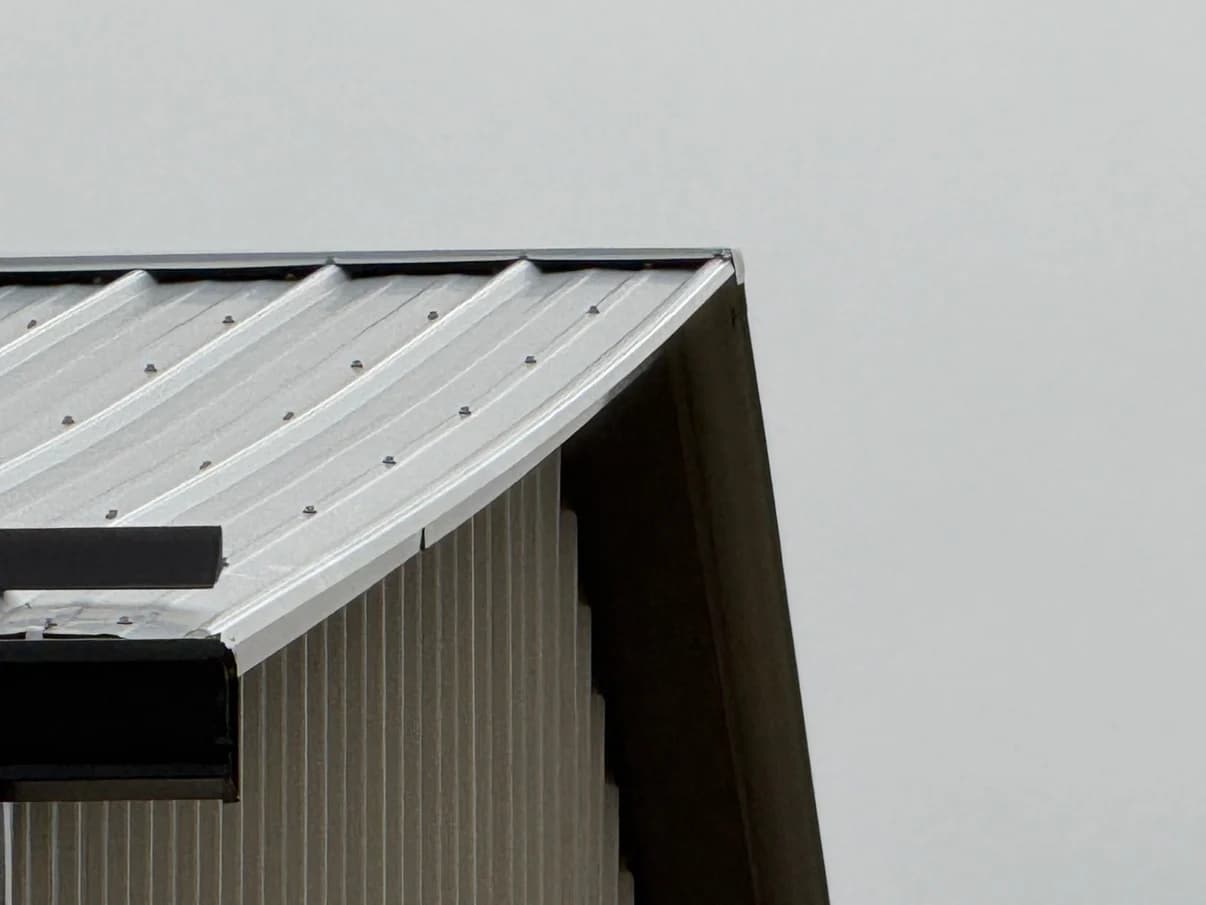 Light ribbed metal roof with exposed fasteners above a dark eave