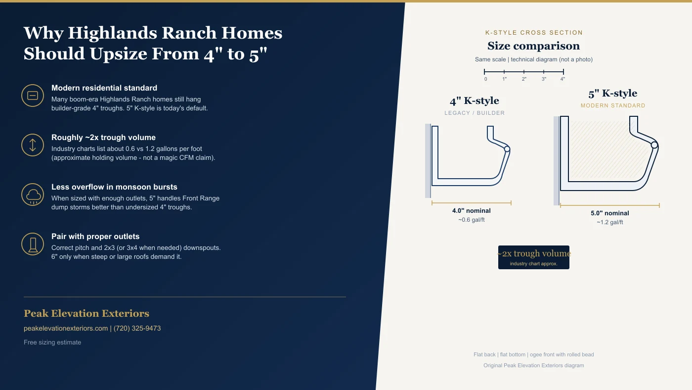 Peak Elevation Exteriors: why Highlands Ranch homes should upsize from 4-inch to 5-inch K-style gutters, with accurate cross-section comparison